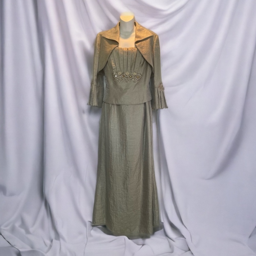 Vintage David’s Bridal Formal Mother of Bride Two Piece Long Dress Taupe Jeweled